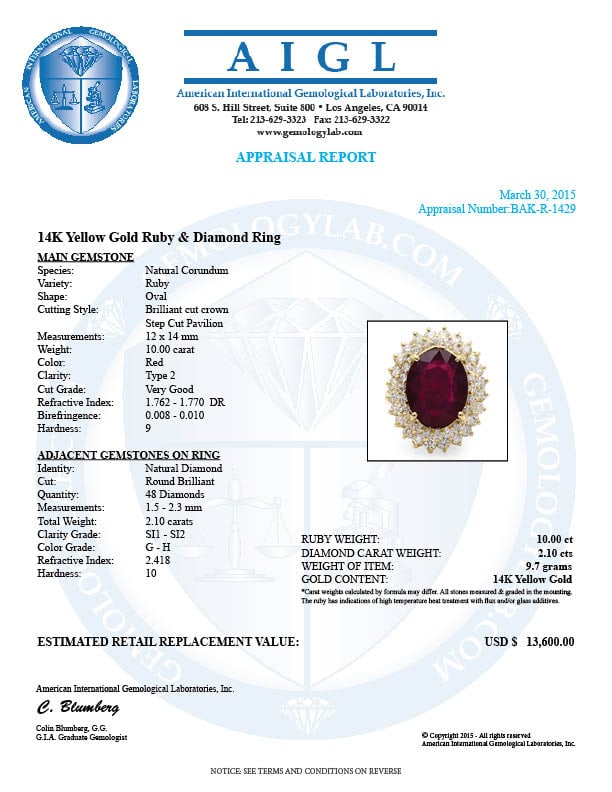 14k Yellow Gold 10.00ct Ruby 2.10ct Diamond Ring: Retail: $13,600.00 ****** 14k Yellow Gold 10.00ct Ruby 2.10ct Diamond Ring ****** Metal: 14k Solid Yellow Gold / Size: 7 / Total Item Weight: 9.7 grams / Country Made: United States / / Main Stone: Ru