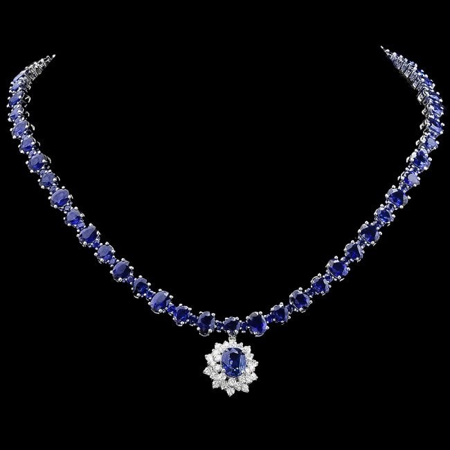 14k Gold 49.5ct Sapphire 1.70ct Diamond Necklace: Retail: $46,300.00 ****** 14k Gold 49.5ct Sapphire 1.70ct Diamond Necklace ****** Metal: 14k Solid White Gold / Size: 16.5 / Total Item Weight: 47 grams / Country Made: United States / / Main Stone: S