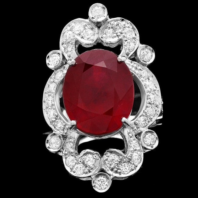 14k White Gold 11.00ct Ruby 1.35ct Diamond Ring: Retail: $11,600.00 ****** 14k White Gold 11.00ct Ruby 1.35ct Diamond Ring ****** Metal: 14k Solid White Gold / Size: 7 / Total Item Weight: 10.5 grams / Country Made: United States / / Main Stone: Rub