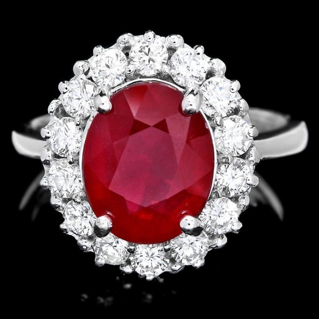 14k White Gold 5.00ct Ruby 1.00ct Diamond Ring: Retail: $6,900.00 ****** 14k White Gold 5.00ct Ruby 1.00ct Diamond Ring ****** Metal: 14k Solid White Gold / Size: 7.5 / Total Item Weight: 6.0 grams / Country Made: United States / / Main Stone: Ruby