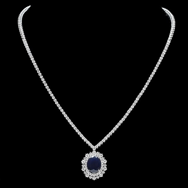 18k Gold 6ct Sapphire 5.00ct Diamond Necklace: Retail: $32,600.00 ****** 18k Gold 6ct Sapphire 5.00ct Diamond Necklace ****** Metal: 18k Solid White Gold / Size: 16.5 / Total Item Weight: 20.5 grams / Country Made: United States / / Main Stone: Sa