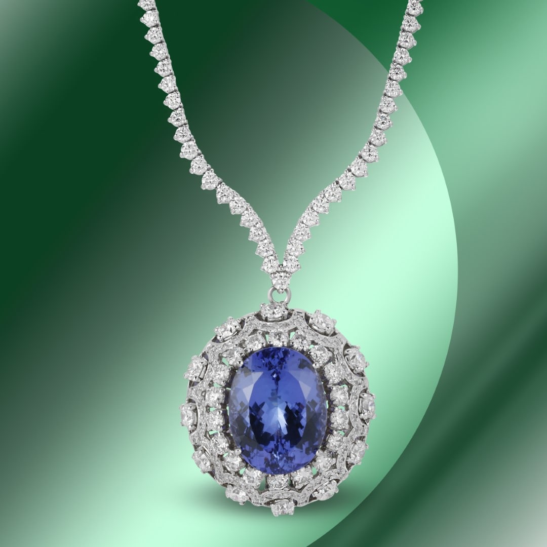 14K Gold 18.10cts Tanzanite & 11.82cts Diamond Necklace: Retail: $115,300***** 14K Gold 18.10cts Tanzanite & 11.82cts Diamond Necklace****** Metal: 14K White Gold/ Total Wt.: NA / Country Made USA// Main Stone: Tanzanite / Carat Total Wt: 18.10cts / Treatme
