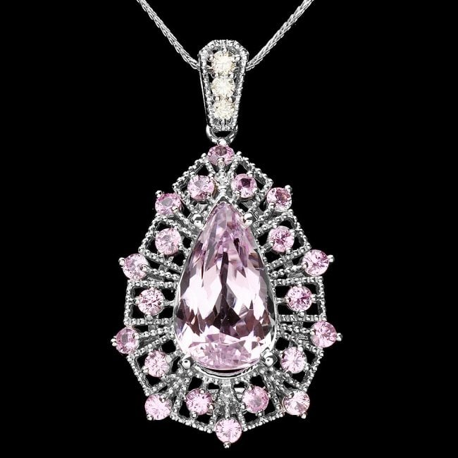 14k Gold 8.45ct Kunzite 0.17ct Diamond Pendant: Retail: $8,750.00 ****** 14k Gold 8.45ct Kunzite 0.17ct Diamond Pendant ****** Metal: 14k Solid White Gold / Size: 16 / Total Item Weight: 7.5 grams / Country Made: United States / / Main Stone: Kunzi
