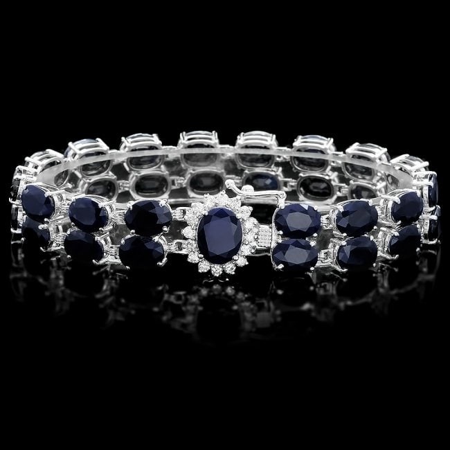 14k Gold 53.5ct Sapphire 0.60ct Diamond Bracelet: Retail: $18,600.00 ****** 14k Gold 53.5ct Sapphire 0.60ct Diamond Bracelet ****** Metal: 14k Solid White Gold / Size: 7.5 / Total Item Weight: 27 grams / Country Made: United States / / Main Stone: Sa