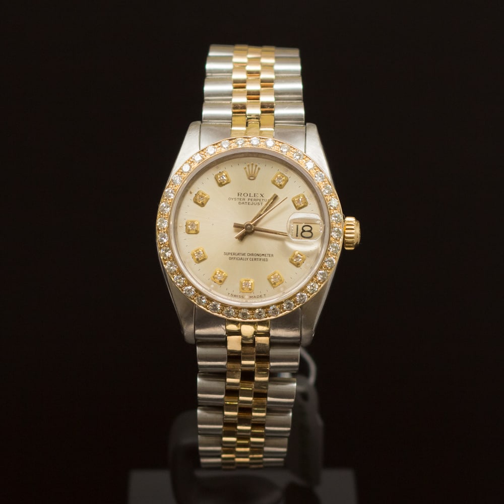 Rolex Two-Tone Datejust 31mm Diamond Dial Diamond Bezel Womens: ****** Rolex Two-Tone Datejust 31mm Diamond Dial Diamond Bezel ****** One Mens, Rolex Two-Tone DateJust 31mm electronically tested and polished. Case: Gold/Stainless Steel, 31mm. Bezel: Diamond. Dial: