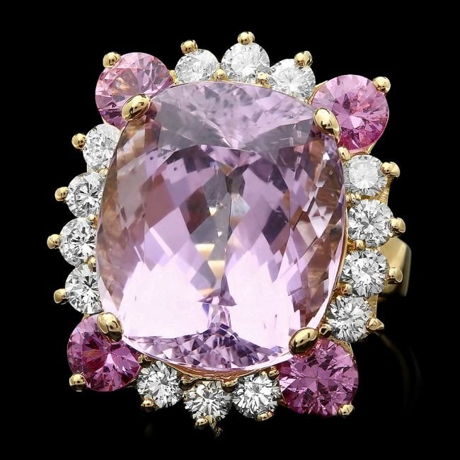 14k Yellow Gold 18.70ct Kunzite 1.35ct Diamond 1.7 Sapphire Ring: Retail: $11,500.00 ****** 14k Yellow Gold 18.70ct Kunzite 1.35ct Diamond 1.7 Sapphire Ring ****** Metal: 14k Solid Yellow Gold / Size: 7 / Total Item Weight: 17.0 grams / Country Made: United States /