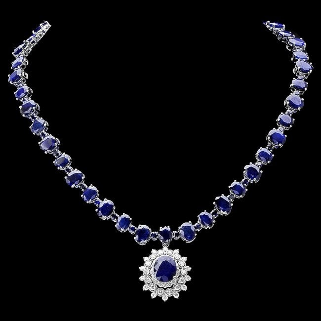 14k Gold 87ct Sapphire 2.50ct Diamond Necklace: Retail: $44,500.00 ****** 14k Gold 87ct Sapphire 2.50ct Diamond Necklace ****** Metal: 14k Solid White Gold / Size: 17.5 / Total Item Weight: 58.5 grams / Country Made: United States / / Main Stone: S