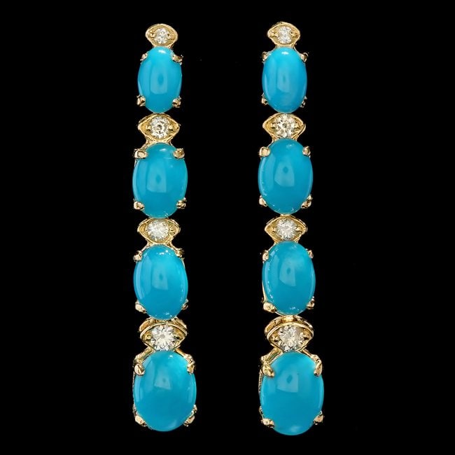 14k Gold 5.50ct Turquoise 0.35ct Diamond Earrings: Retail: $5,400.00 ****** 14k Gold 5.50ct Turquoise 0.35ct Diamond Earrings ****** Metal: 14k Solid Yellow Gold / Total Item Weight: 4.5 grams / Country Made: United States / / Main Stone: Turquoise /