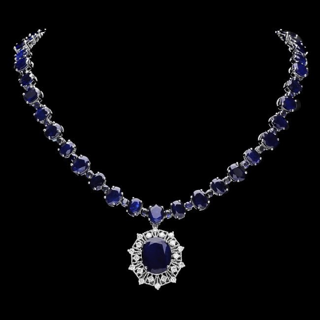 14k Gold 86ct Sapphire 1.40ct Diamond Necklace: Retail: $48,500.00 ****** 14k Gold 86ct Sapphire 1.40ct Diamond Necklace ****** Metal: 14k Solid White Gold / Size: 17 / Total Item Weight: 57.0 grams / Country Made: United States / / Main Stone: Sap