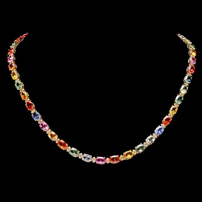 14k Gold 40ct Sapphire 1.6ct Diamond Necklace: Retail: $27,840.00 ****** 14k Gold 40ct Sapphire 1.6ct Diamond Necklace ****** Metal: 14k Solid Yellow Gold / Size: 17.5 / Total Item Weight: 25.0 grams / Country Made: United States / / Main Stone: S