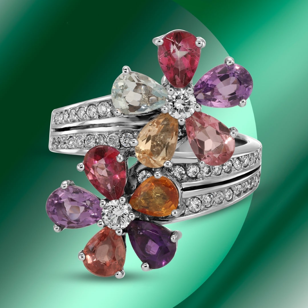 14K Gold 2.95cts Gemstone & 0.64 Diamond Ring: Retail: $10,506*****14K Gold Gemstone & Diamond Ring*****Metal: 14K White Gold/ Total Wt.: 9.0g / Country Made US// Main Stone: Various Gemstone / Carat Total Wt.: 2.95cts / Treatment: none / Color: V