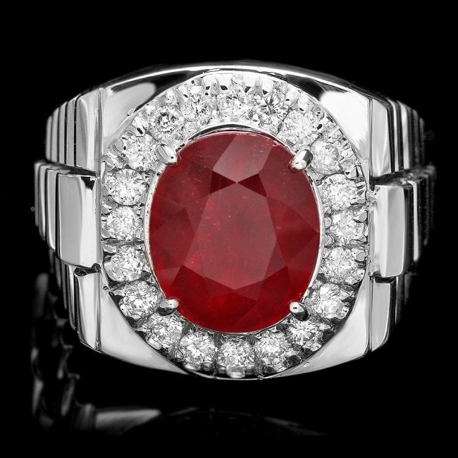 14k Gold 7.00ct Ruby 0.90ct Diamond Mens Ring: Retail: $11,500.00 ****** 14k Gold 7.00ct Ruby 0.90ct Diamond Mens Ring ****** Metal: 14k Solid White Gold / Size: 11 / Total Item Weight: 15.5 grams / Country Made: United States / / Main Stone: Ruby