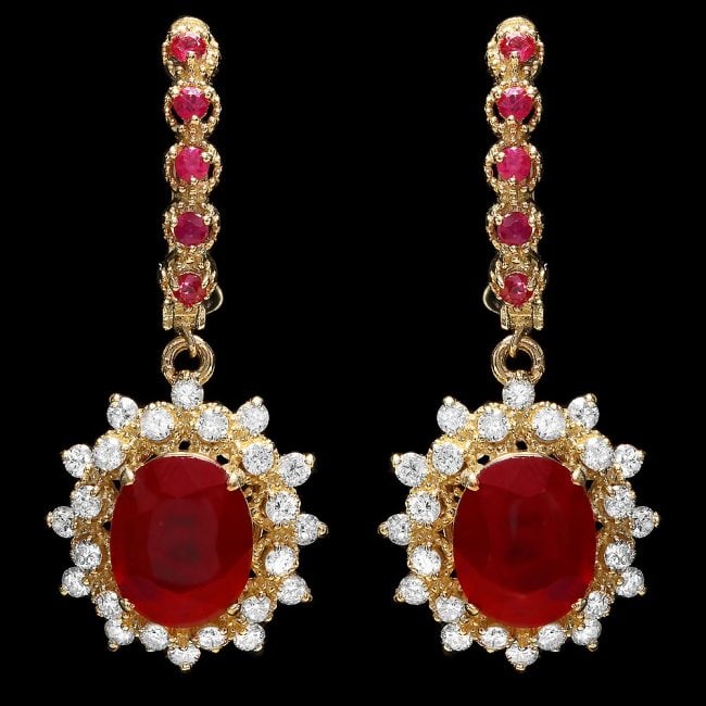 14k Gold 7.5ct Ruby 1.30ct Diamond Earrings: Retail: $8,200.00 ****** 14k Gold 7.5ct Ruby 1.30ct Diamond Earrings ****** Metal: 14k Solid Yellow Gold / Total Item Weight: 8.5 grams / Country Made: United States / / Main Stone: Ruby / Color: Red