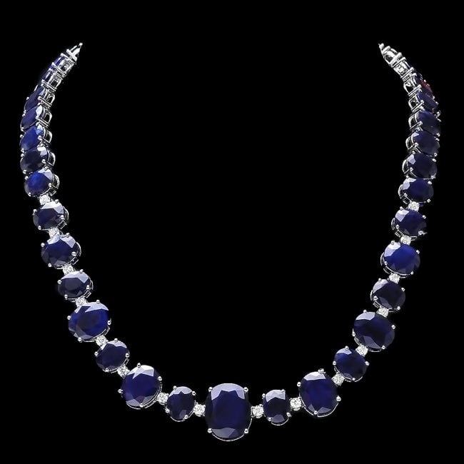 14k W Gold 164ct Sapphire 1.85ct Diamond Necklace: Retail: $51,700.00 ****** 14k W Gold 164ct Sapphire 1.85ct Diamond Necklace ****** Metal: 14k Solid White Gold / Size: 16.5 / Total Item Weight: 69.5 grams / Country Made: United States / / Main Stone