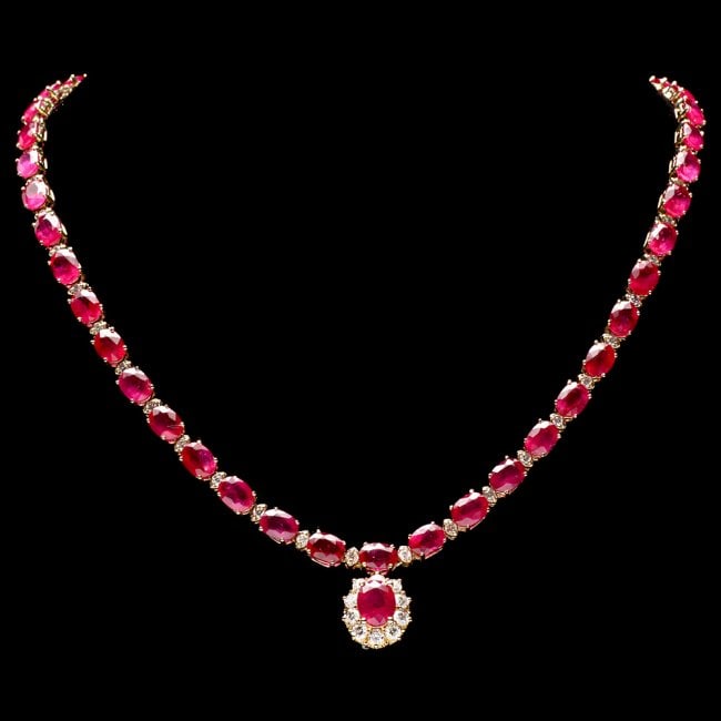 14k Gold 55.7ct Ruby 2.70ct Diamond Necklace: Retail: $26,800.00 ****** 14k Gold 55.7ct Ruby 2.70ct Diamond Necklace ****** Metal: 14k Solid Yellow Gold / Size: 17.5 / Total Item Weight: 29.5 grams / Country Made: United States / / Main Stone: Ru