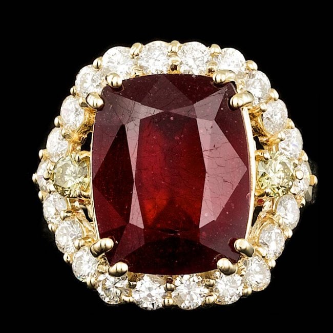 14k Yellow Gold 11.00ct Ruby 1.75ct Diamond Ring: Retail: $13,800.00 ****** 14k Yellow Gold 11.00ct Ruby 1.75ct Diamond Ring ****** Metal: 14k Solid Yellow Gold / Size: 7.25 / Total Item Weight: 9.5 grams / Country Made: United States / / Main Stone: