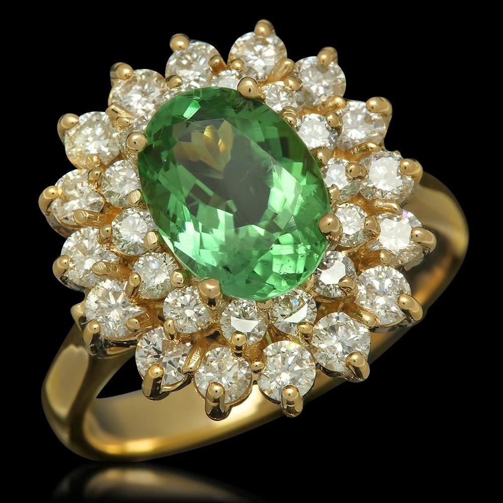 14K Gold 1.94ct Tourmaline 1.45ct Diamond Ring: Retail: $6,410.00 ****** 14K Gold 1.94ct Tourmaline 1.45ct Diamond Ring ****** Metal: 14K Solid Gold / Total Item Weight: 5.4 grams / Country Made: United States / / Main Stone: Tourmaline / Color: Ye
