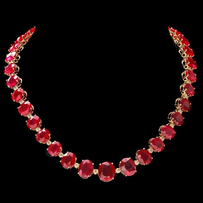 14k Gold 137ct Ruby 4.00ct Diamond Necklace: Retail: $74,850.00 ****** 14k Gold 137ct Ruby 4.00ct Diamond Necklace ****** Metal: 14k Solid Yellow Gold / Size: 16.5 / Total Item Weight: 67.5 grams / Country Made: United States / / Main Stone: Rub