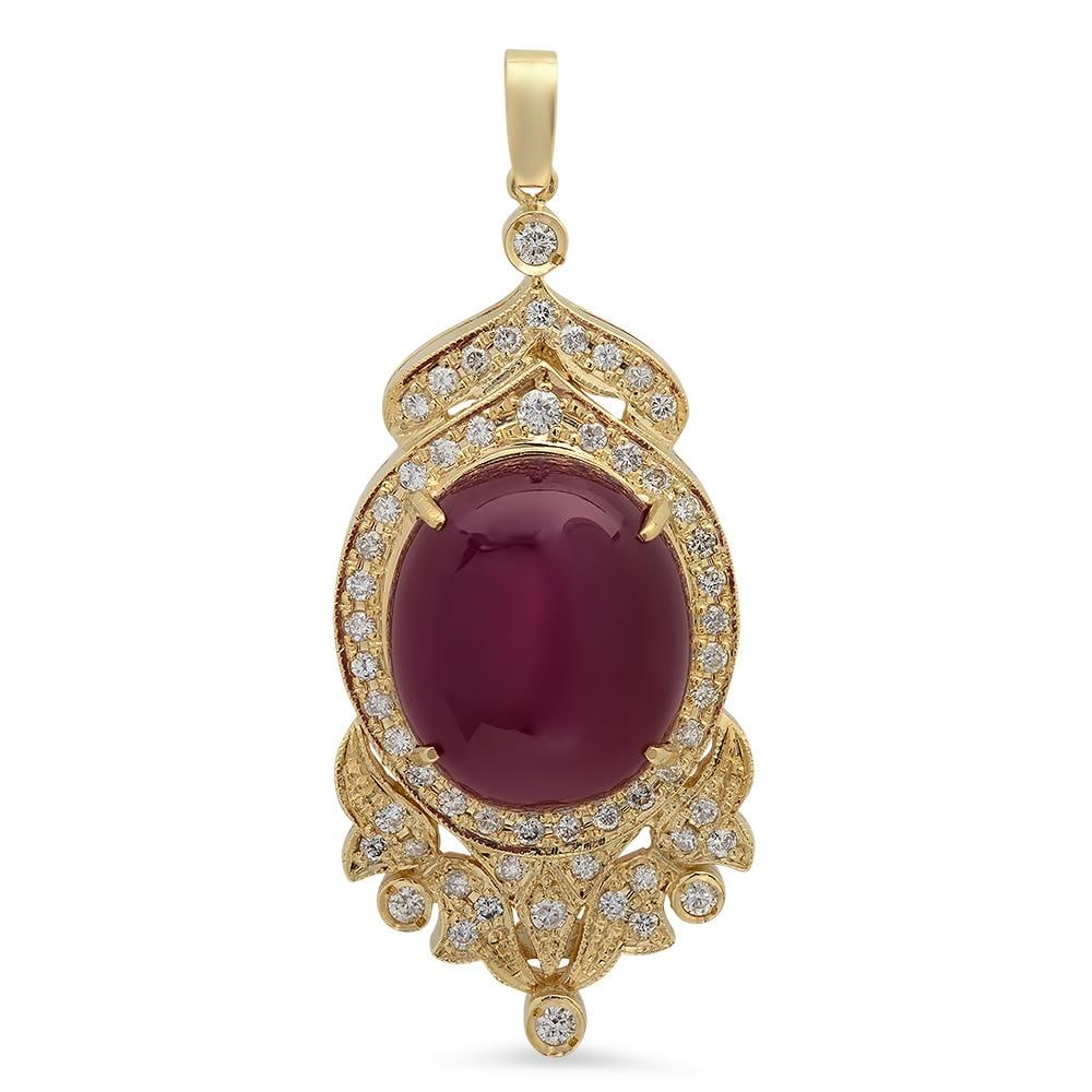 14K Gold 49.31 ct Ruby 1.78ct Diamond Pendant: Retail: $19,872.00 ****** 14K Gold 49.31 ct Ruby 1.78ct Diamond Pendant ****** Metal: 14K Solid Gold / Total Item Weight: 25.7 grams / Country Made: United States / / Main Stone: Ruby / Color: Red / C