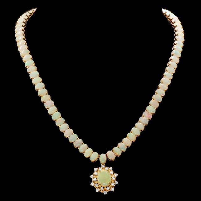 14k Yellow Gold 36ct Opal 1.00ct Diamond Necklace: Retail: $36,400.00 ****** 14k Yellow Gold 36ct Opal 1.00ct Diamond Necklace ****** Metal: 14k Solid Yellow Gold / Size: 17 / Total Item Weight: 34 grams / Country Made: United States / / Main Stone: O