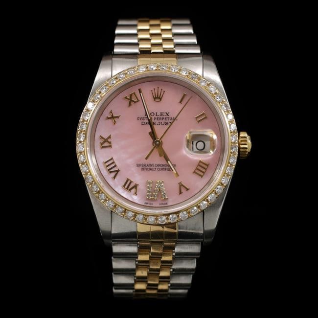 Rolex DateJust Two-Tone 36mm Custom Diamond Bezel Men's Wristwatch: ****** Rolex DateJust Two-Tone 36mm Custom Diamond Bezel Men's Wristwatch ****** One Mens, Rolex DateJust 36mm Pink Custom Diamond Dial With Pave Diamond Settings On Hour Markers 9 & 6 Custom Diamond