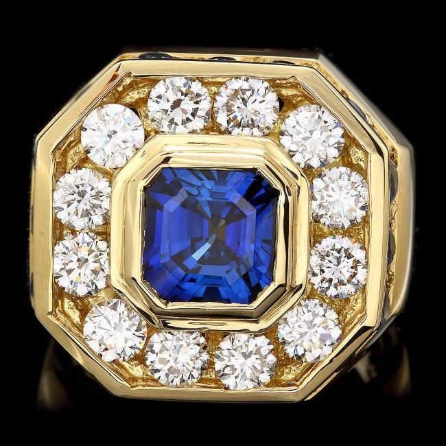 18k Gold 7.5ct Sapphire 3.20ct Diamond Mens Ring: Retail: $46,700.00 ****** 18k Gold 7.5ct Sapphire 3.20ct Diamond Mens Ring ****** Metal: 18k Solid Yellow Gold / Size: 11.5 / Total Item Weight: 33.7 grams / / Main Stone: Sapphire / Color: Blue / Car
