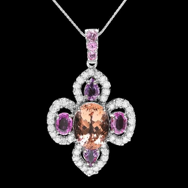 14k Gold 7ct Morganite 2.20ct Diamond Pendant: Retail: $15,800.00 ****** 14k Gold 7ct Morganite 2.20ct Diamond Pendant ****** Metal: 14k Solid White Gold / Size: 16 / Total Item Weight: 10.0 grams / Country Made: United States / / Main Stone: Morg