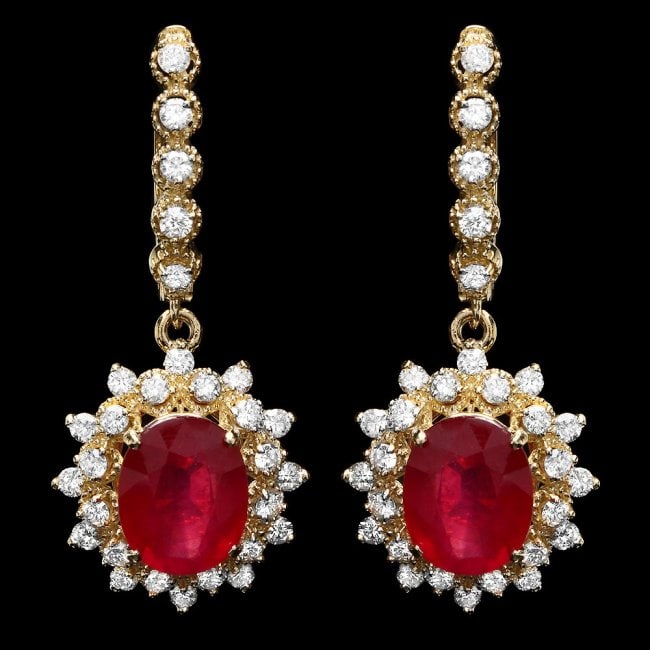 14k Gold 8.00ct Ruby 1.60ct Diamond Earrings: Retail: $8,500.00 ****** 14k Gold 8.00ct Ruby 1.60ct Diamond Earrings ****** Metal: 14k Solid Yellow Gold / Total Item Weight: 8.5 grams / Country Made: United States / / Main Stone: Ruby / Color: Red