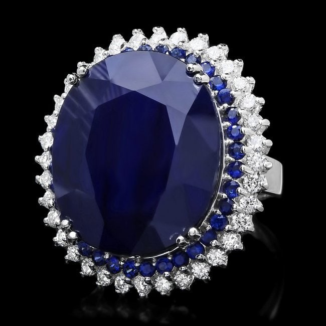 14k Gold 44.4ct Sapphire 1.35ct Diamond Ring: Retail: $17,680.00 ****** 14k Gold 44.4ct Sapphire 1.35ct Diamond Ring ****** Metal: 14k Solid White Gold / Total Item Weight: 23.00 grams / Country Made: United States / / Main Stone: Sapphire / Colo