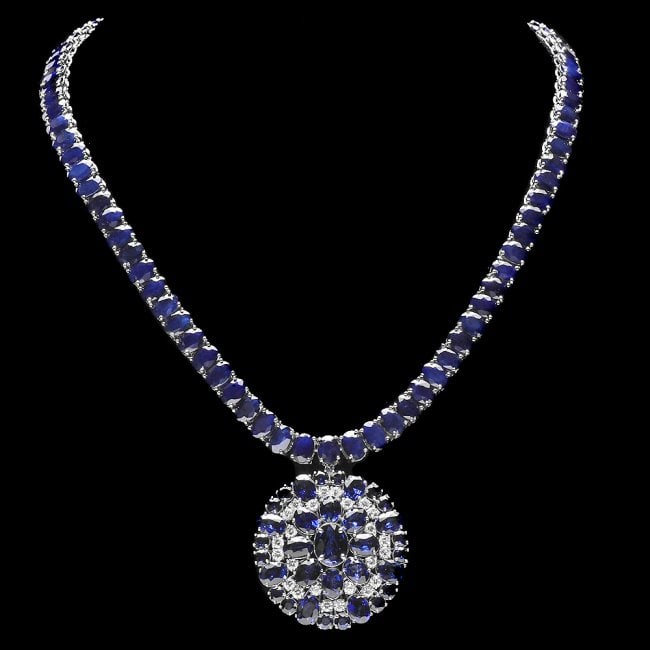 14k Gold 94ct Sapphire 1.80ct Diamond Pendant: Retail: $48,750.00 ****** 14k Gold 94ct Sapphire 1.80ct Diamond Pendant ****** Metal: 14k Solid White Gold / Size: 17 / Total Item Weight: 51.0 grams / Country Made: United States / / Main Stone: