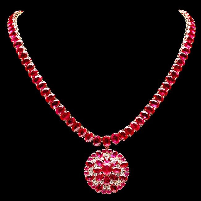 14k Gold 97.5ct Ruby 1.10ct Diamond Necklace: Retail: $38,500.00 ****** 14k Gold 97.5ct Ruby 1.10ct Diamond Necklace ****** Metal: 14k Solid Yellow Gold / Size: 17 / Total Item Weight: 52.0 grams / Country Made: United States / / Main Stone: Ruby