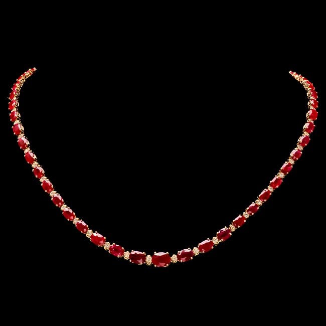 14k Gold 27.50ct Ruby 1.50ct Diamond Necklace: Retail: $16,500.00 ****** 14k Gold 27.50ct Ruby 1.50ct Diamond Necklace ****** Metal: 14k Solid Yellow Gold / Size: 17 / Total Item Weight: 20.5 grams / Country Made: United States / / Main Stone: Rub