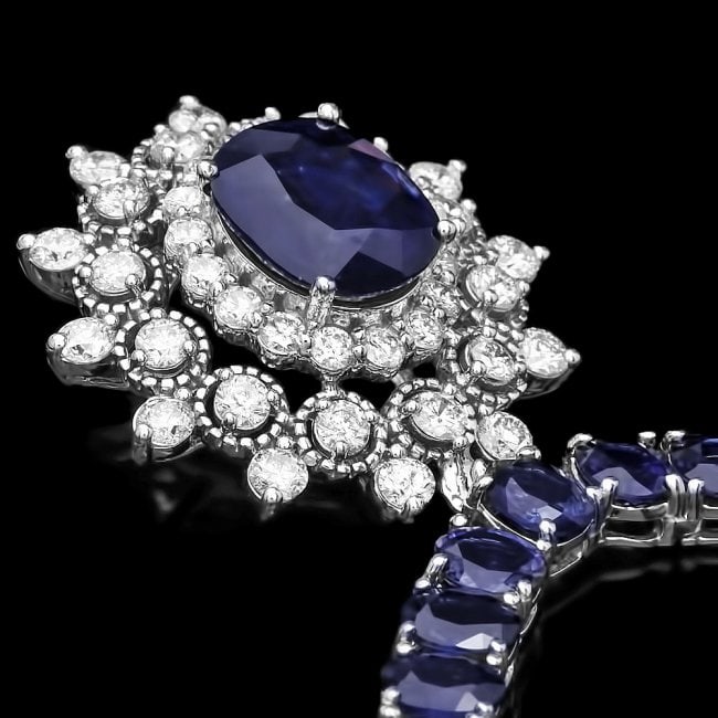 14k Gold 44ct Sapphire 1.70ct Diamond Necklace: Retail: $36,250.00 ****** 14k Gold 44ct Sapphire 1.70ct Diamond Necklace ****** Metal: 14k Solid White Gold / Size: 17.5 / Total Item Weight: 35 grams / Country Made: United States / / Main Stone: Sap