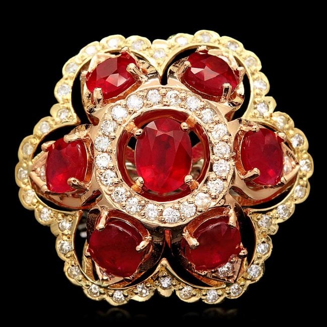 14k Gold 12.00ct Ruby 1.35ct Diamond Ring: Retail: $12,900.00 ****** 14k Gold 12.00ct Ruby 1.35ct Diamond Ring ****** Metal: 14k Solid Multi-Tone Gold / Size: 7 / Total Item Weight: 16.0 grams / Country Made: United States / / Main Stone: Ruby