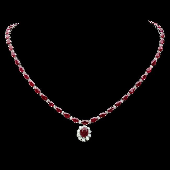 14k White Gold 32ct Ruby 2.50ct Diamond Necklace: Retail: $22,600.00 ****** 14k White Gold 32ct Ruby 2.50ct Diamond Necklace ****** Metal: 14k Solid White Gold / Size: 17 / Total Item Weight: 23.0 grams / Country Made: United States / / Main Stone: R