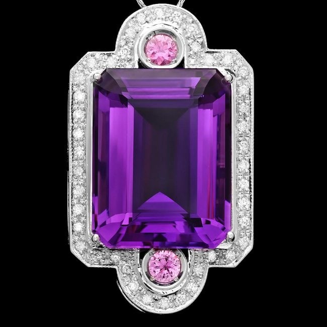 14k Gold 43ct Amethyst 0.85ct Diamond Pendant: Retail: $16,500.00 ****** 14k Gold 43ct Amethyst 0.85ct Diamond Pendant ****** Metal: 14k Solid White Gold / Size: 16 / Total Item Weight: 20.5 grams / Country Made: United States / / Main Stone: Amet