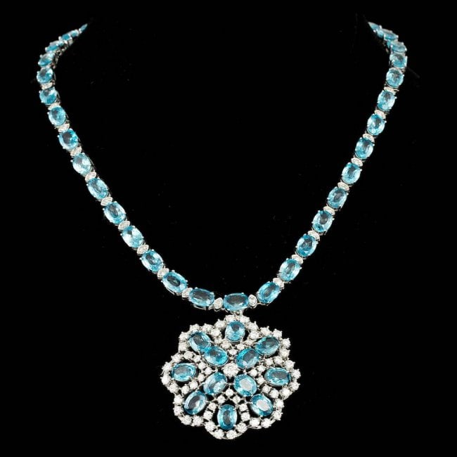 14k Gold 90.00ct Zircon 7.75ct Diamond Necklace: Retail: $52,700.00 ****** 14k Gold 90.00ct Zircon 7.75ct Diamond Necklace ****** Metal: 14k Solid White Gold / Size: 17 / Total Item Weight: 58.0 grams / / Main Stone: Zircon / Color: Blue / Carat Tot
