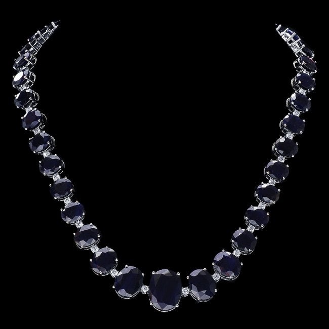 14k Gold 143ct Sapphire 4ct Diamond Necklace: Retail: $64,800.00 ****** 14k Gold 143ct Sapphire 4ct Diamond Necklace ****** Metal: 14k Solid White Gold / Size: 17.5 / Total Item Weight: 71.0 grams / Country Made: United States / / Main Stone: Sap