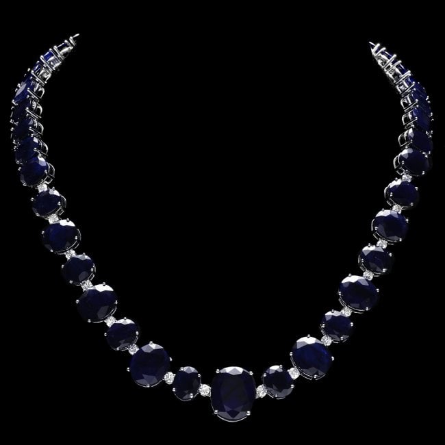 14k W Gold 164ct Sapphire 1.85ct Diamond Necklace: Retail: $63,850.00 ****** 14k W Gold 164ct Sapphire 1.85ct Diamond Necklace ****** Metal: 14k Solid White Gold / Size: 17 / Total Item Weight: 70.5 grams / Country Made: United States / / Main Stone: