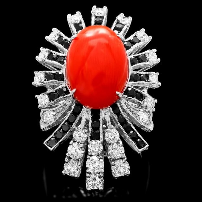 14k White Gold 6.15ct Coral 1.85ct Diamond Ring: Retail: $14,850.00 ****** 14k White Gold 6.15ct Coral 1.85ct Diamond Ring ****** Metal: 14k Solid White Gold / Size: 7.25 / Total Item Weight: 9.5 grams / Country Made: United States / / Main Stone: C