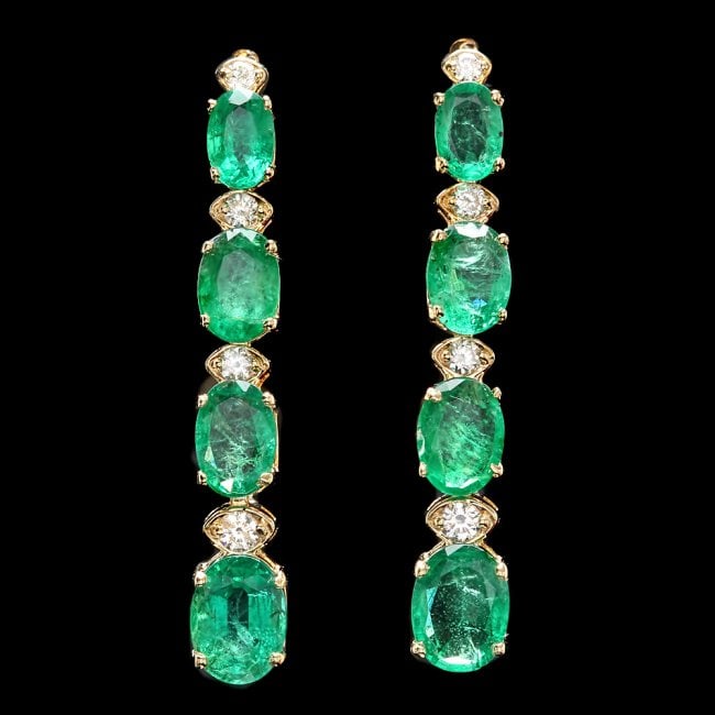 14k Gold 6.5ct Emerald .35ct Diamond Earrings: Retail: $12,450.00 ****** 14k Gold 6.5ct Emerald .35ct Diamond Earrings ****** Metal: 14k Solid Yellow Gold / Total Item Weight: 5.0 grams / Country Made: United States / / Main Stone: Emerald / Color
