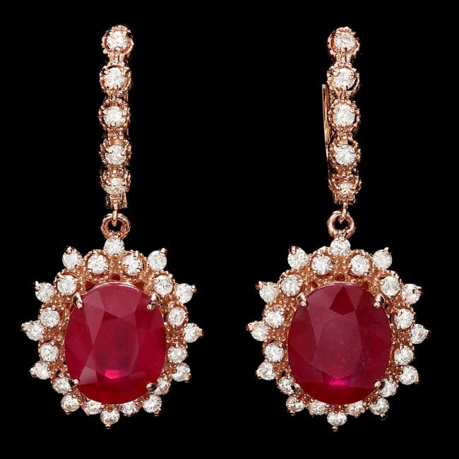 14k Rose 13.50ct Ruby 1.70ct Diamond Earrings: Retail: $17,500.00 ****** 14k Rose 13.50ct Ruby 1.70ct Diamond Earrings ****** Metal: 14k Solid Rose Gold / Total Item Weight: 10.5 grams / Country Made: United States / / Main Stone: Ruby / Color: Re