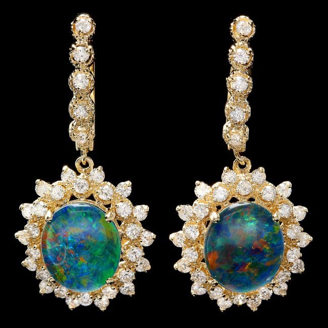 14k Gold 4.50ct Triplet Opal 2ct Diamond Earrings: Retail: $8,400.00 ****** 14k Gold 4.50ct Triplet Opal 2ct Diamond Earrings ****** Metal: 14k Solid Yellow Gold / Total Item Weight: 9.0 grams / Country Made: United States / / Main Stone: Opal / Color