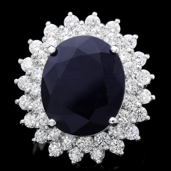 14k Gold 11.50ct Sapphire 2.50ct Diamond Ring: Retail: $18,790.00 ****** 14k Gold 11.50ct Sapphire 2.50ct Diamond Ring ****** Metal: 14k Solid White Gold / Size: 7.25 / Total Item Weight: 10.5 grams / Country Made: United States / / Main Stone: Sa
