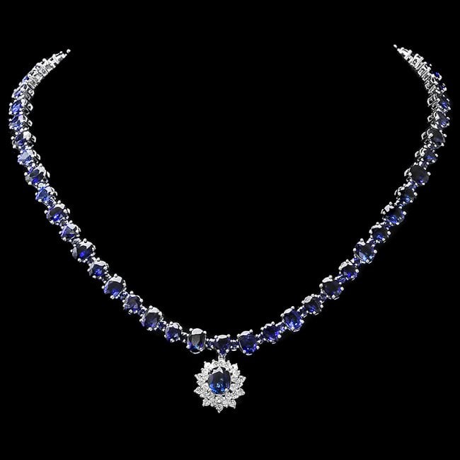 14k Gold 46.5ct Sapphire 1.40ct Diamond Necklace: Retail: $44,700.00 ****** 14k Gold 46.5ct Sapphire 1.40ct Diamond Necklace ****** Metal: 14k Solid White Gold / Size: 16.5 / Total Item Weight: 47 grams / Country Made: United States / / Main Stone: S