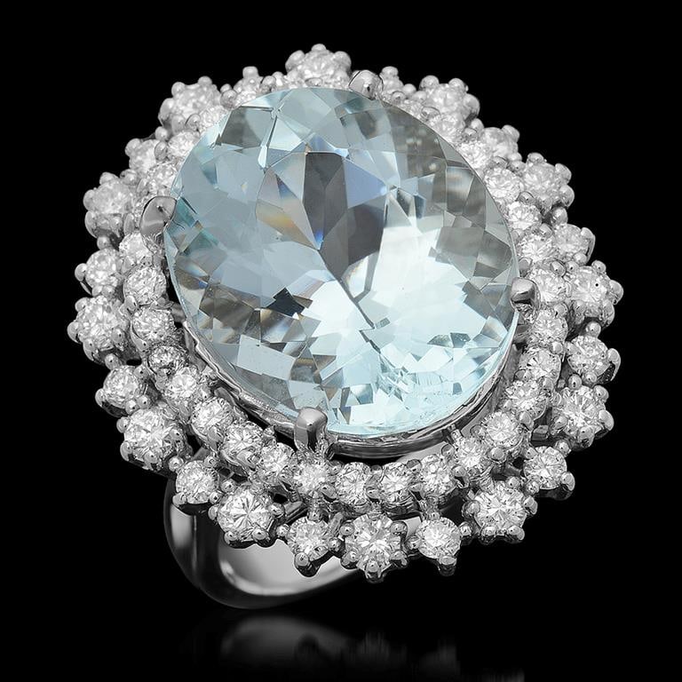 14K Gold 12.15ct Aquamarine 1.75ct Diamond Ring: Retail: $16,370.00******14K Gold Aquamarine & Diamond Ring ****** Metal: 14K Solid White Gold / Total Item Weight: 10.6 grams / Country Made: United States / / Main Stone: Aquamarine / Color: Very Lig