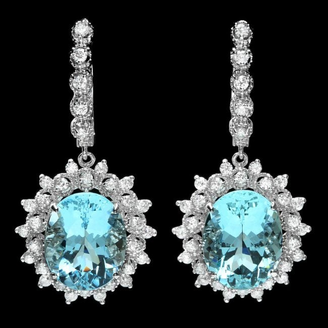 14k Gold 13ct Aquamarine 1.50ct Diamond Earrings: Retail: $21,600.00 ****** 14k Gold 13ct Aquamarine 1.50ct Diamond Earrings ****** Metal: 14k Solid White Gold / Total Item Weight: 10.5 grams / Country Made: United States / / Main Stone: Aquamarine