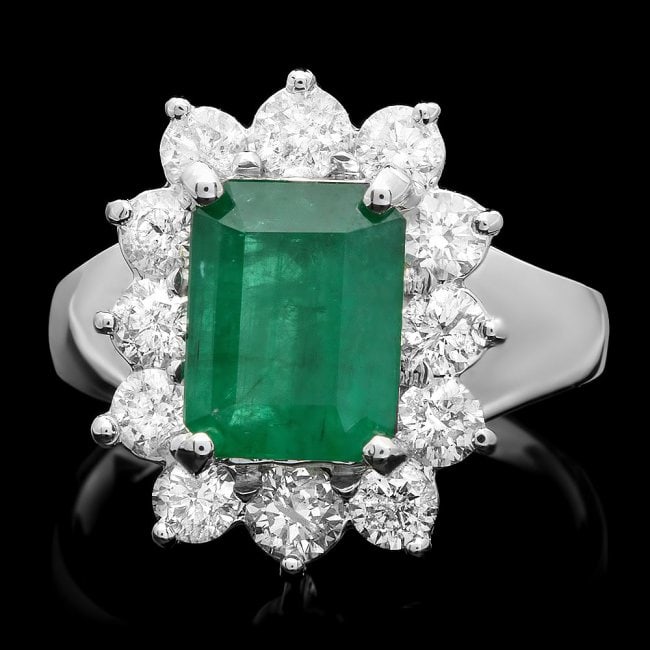 14k White Gold 2.50ct Emerald 1.20ct Diamond Ring: Retail: $14,850.00 ****** 14k White Gold 2.50ct Emerald 1.20ct Diamond Ring ****** Metal: 14k Solid White Gold / Size: 7.25 / Total Item Weight: 5.5 grams / Country Made: United States / / Main Stone: