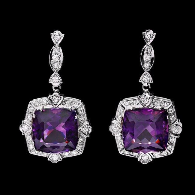 14k Gold 22ct Amethyst 1.75ct Diamond Earrings: Retail: $14,360.00 ****** 14k Gold 22ct Amethyst 1.75ct Diamond Earrings ****** Metal: 14k Solid White Gold / Total Item Weight: 17.0 grams / Country Made: United States / / Main Stone: Amethyst / Col