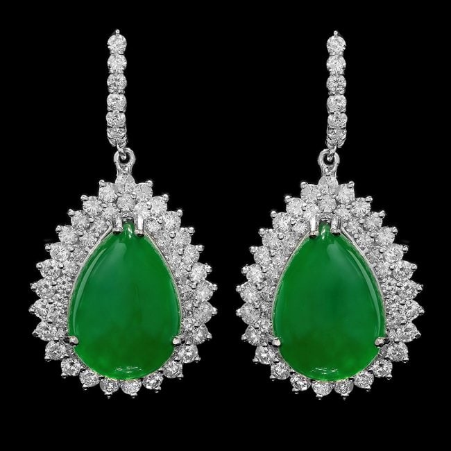 14k Gold 22.50ct Jade 5.15ct Diamond Earrings: Retail: $15,600.00 ****** 14k Gold 22.50ct Jade 5.15ct Diamond Earrings ****** Metal: 14k Solid White Gold / Total Item Weight: 20.0 grams / Country Made: United States / / Main Stone: Jade / Color:
